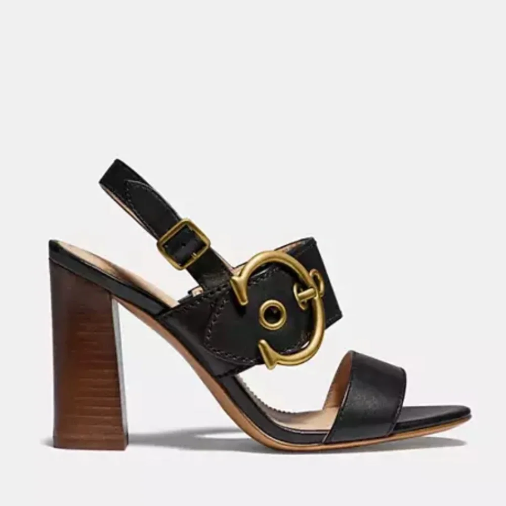 COACH Black Leather Sandal Gold Buckle Robin